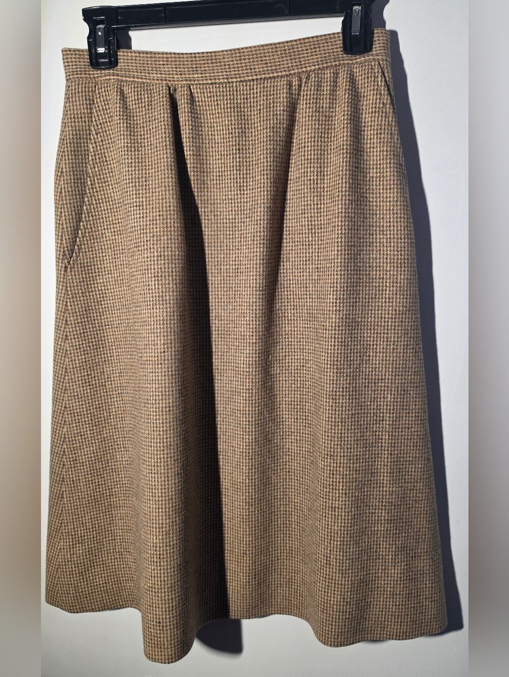 villager Brown Houndstooth Midi A-Line 100% Wool Boho Skirt